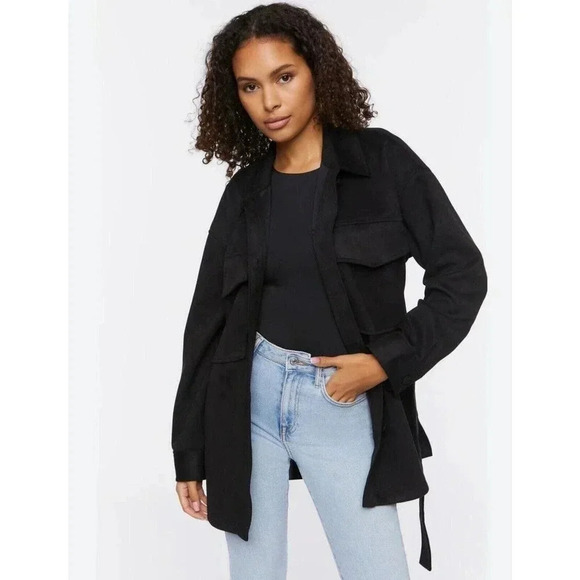 Forever 21 sz MEDIUM faux suede trench coat jacket BLACK belted button wrap NWT - Picture 1 of 4